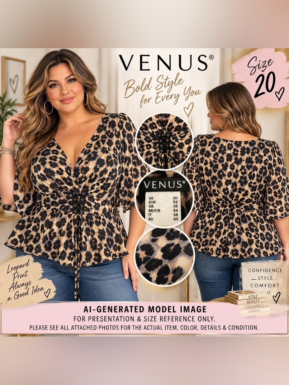 Venus Leopard Print Corset Waist Peplum Top Size 20